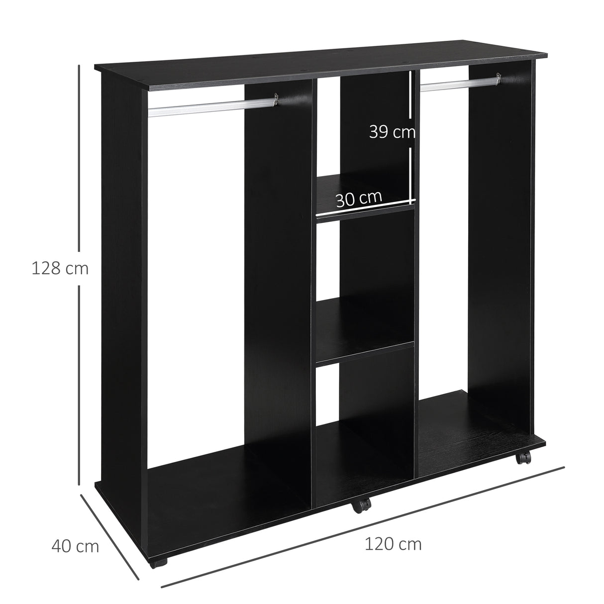 Wooden Open Wardrobe 120cm Wide With 6 Wheels - Velmora