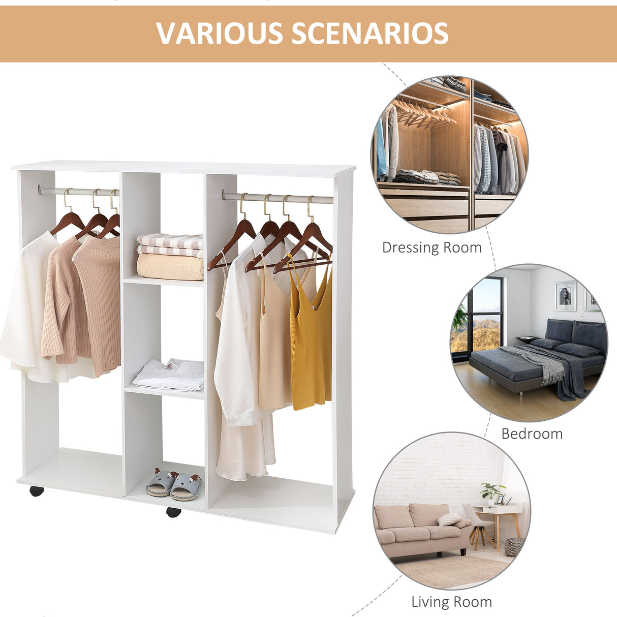 Wooden Open Wardrobe 120cm Wide With 6 Wheels - Velmora