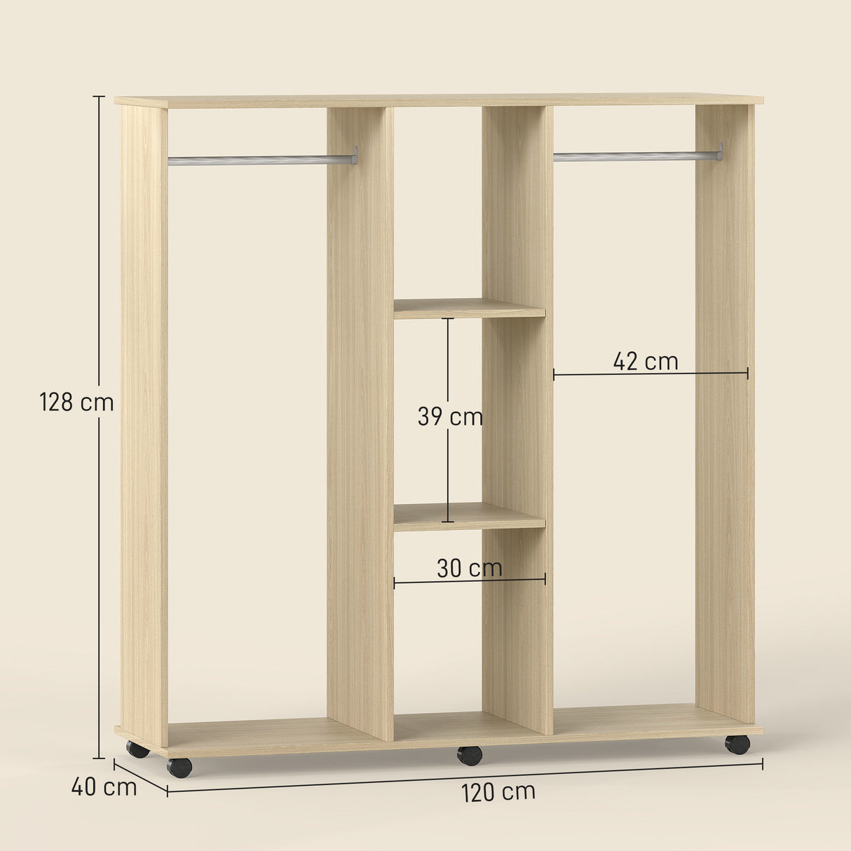 Wooden Open Wardrobe 120cm Wide With 6 Wheels - Velmora