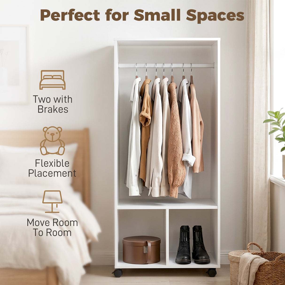 Wooden Open Wardrobe 60cm Wide With 4 Wheels - Velmora