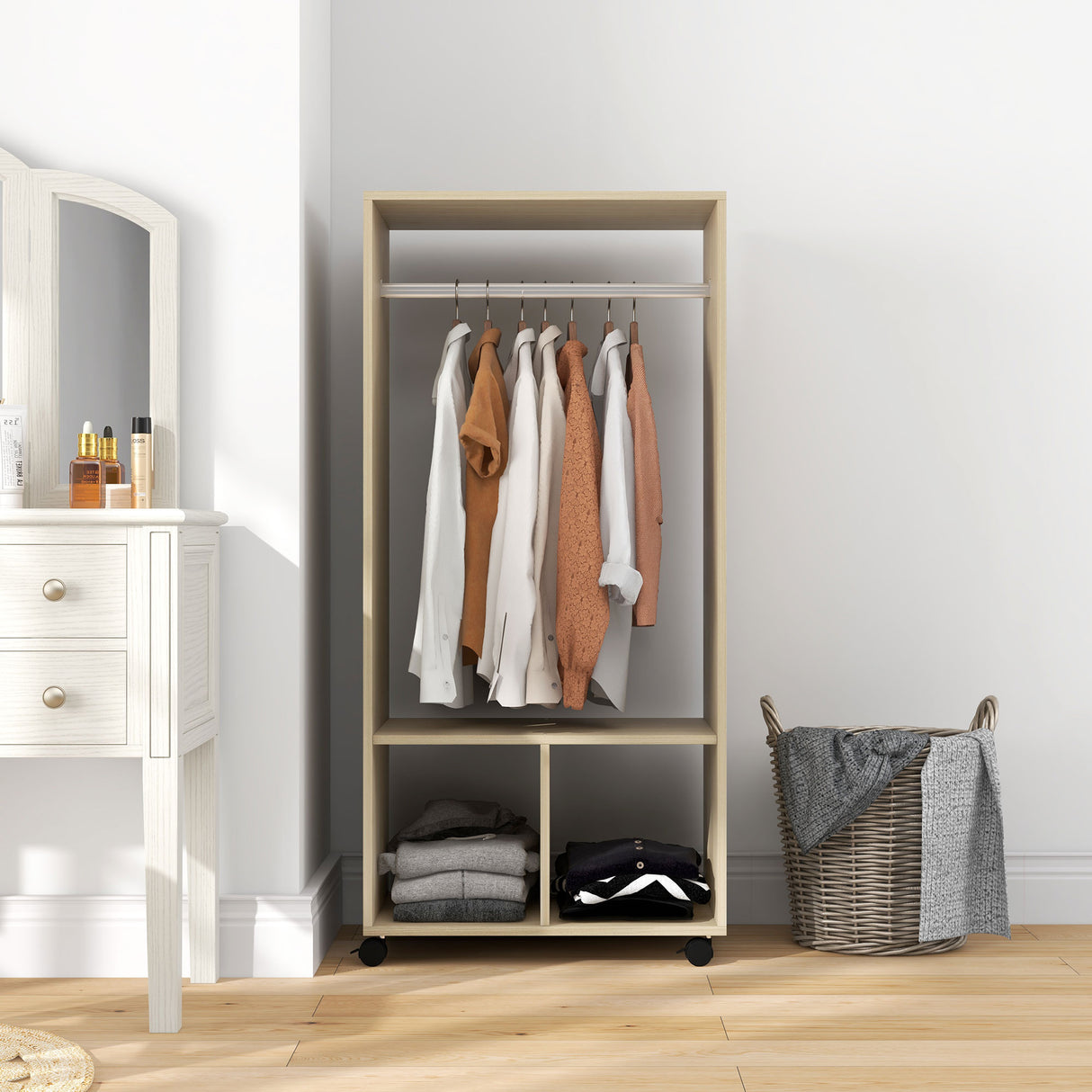 Wooden Open Wardrobe 60cm Wide With 4 Wheels - Velmora