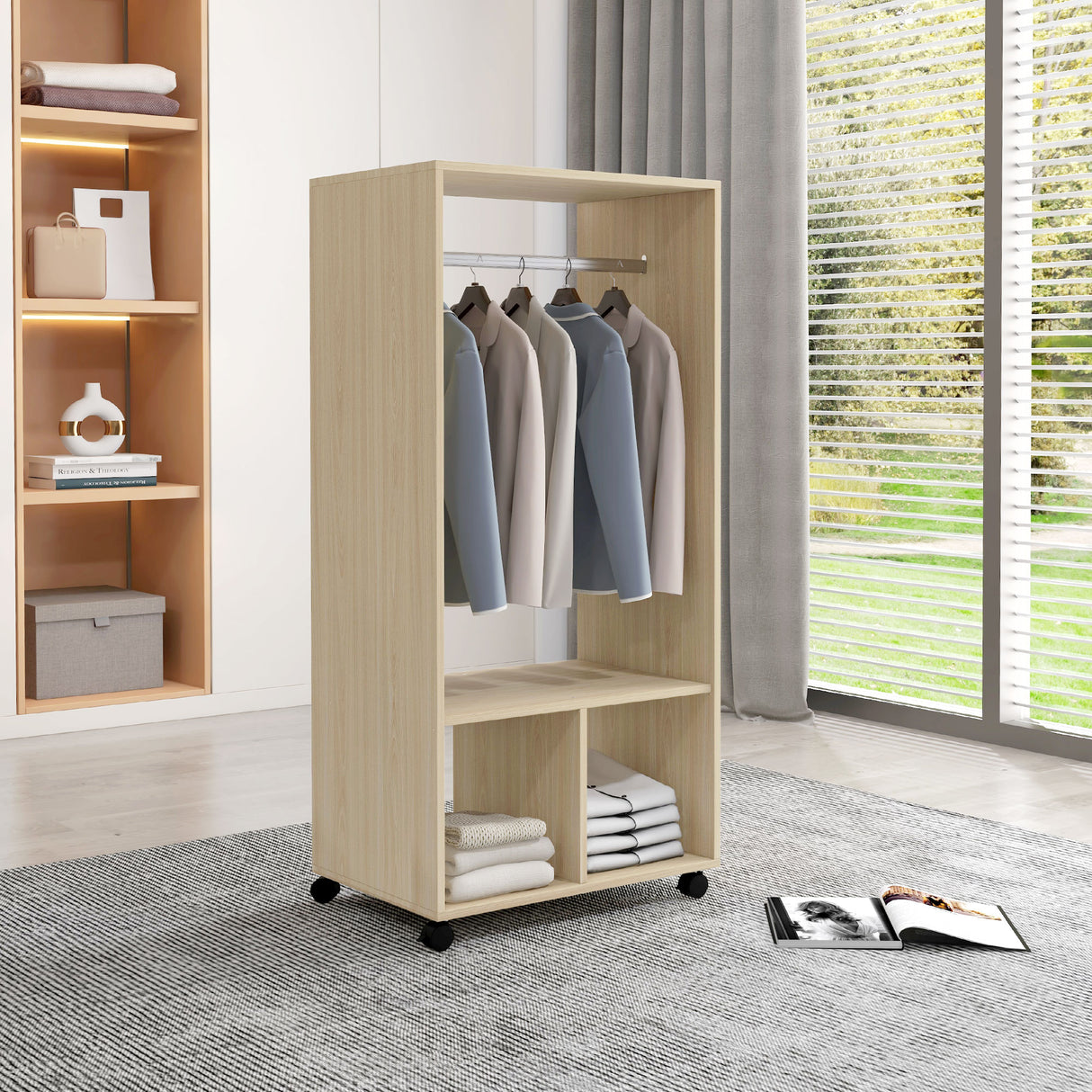 Wooden Open Wardrobe 60cm Wide With 4 Wheels - Velmora
