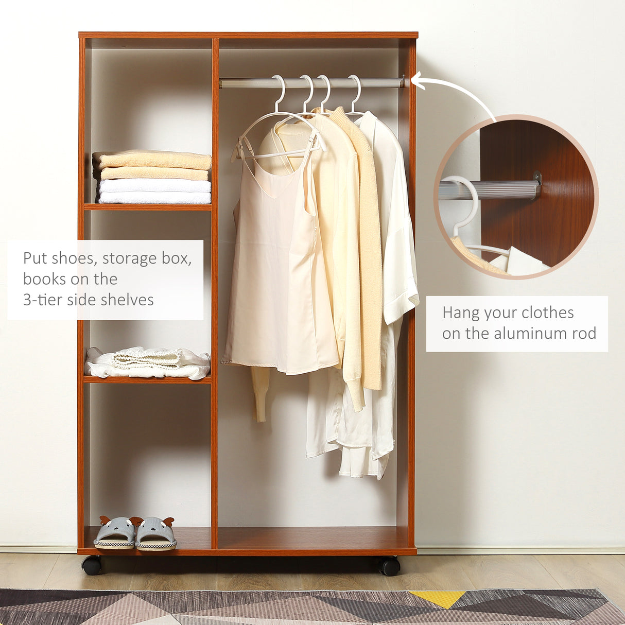 Wooden Open Wardrobe 80cm Wide With 4 Wheels - Velmora