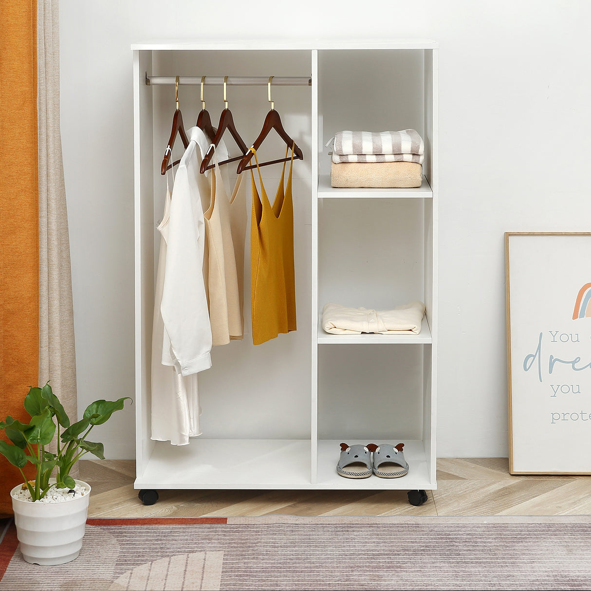 Wooden Open Wardrobe 80cm Wide With 4 Wheels - Velmora