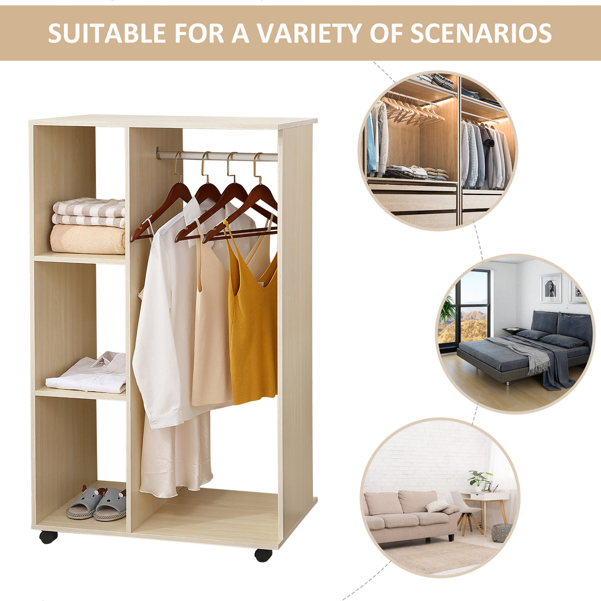 Wooden Open Wardrobe 80cm Wide With 4 Wheels - Velmora
