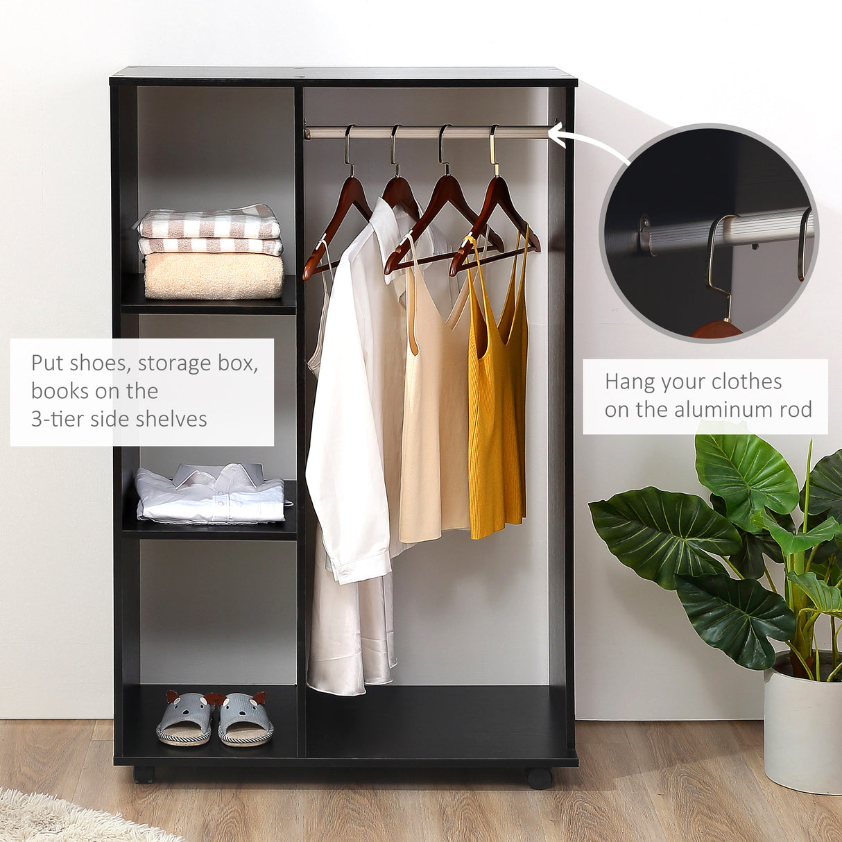 Wooden Open Wardrobe 80cm Wide With 4 Wheels - Velmora