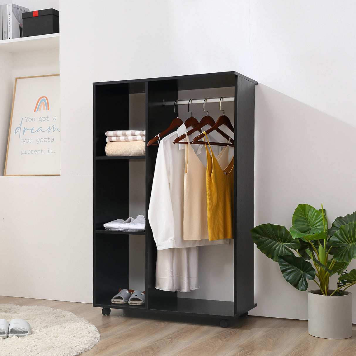 Wooden Open Wardrobe 80cm Wide With 4 Wheels - Velmora