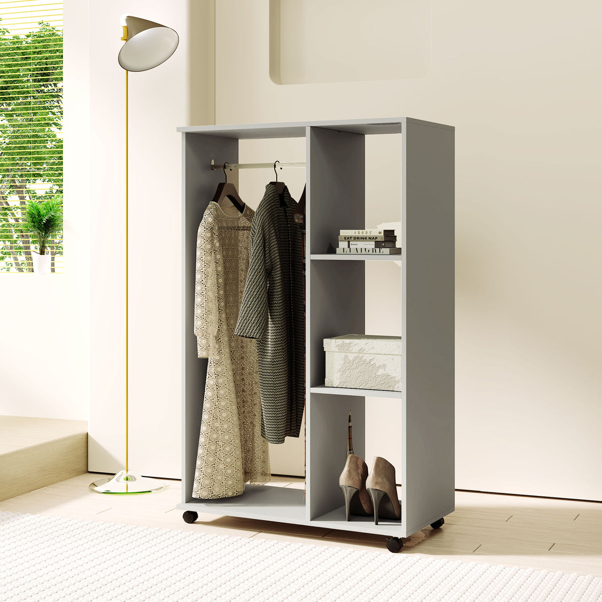Wooden Open Wardrobe 80cm Wide With 4 Wheels - Velmora