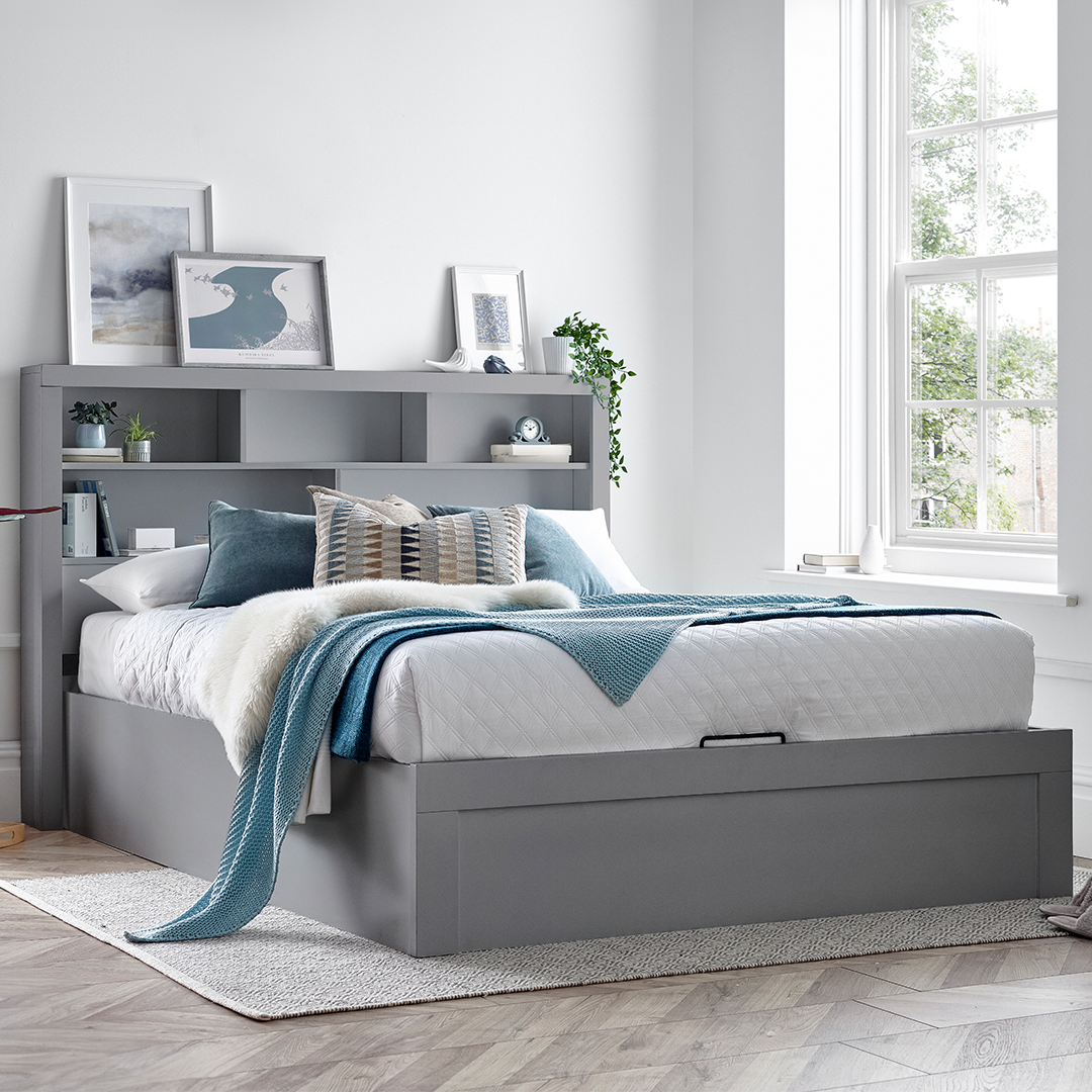 Wooden Ottoman Storage Double Bed With Bookcase Headboard - Arizona