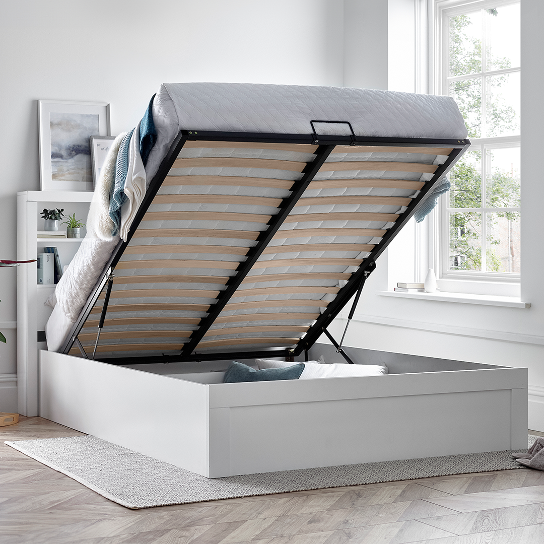 Wooden Ottoman Storage Double Bed With Bookcase Headboard - Arizona