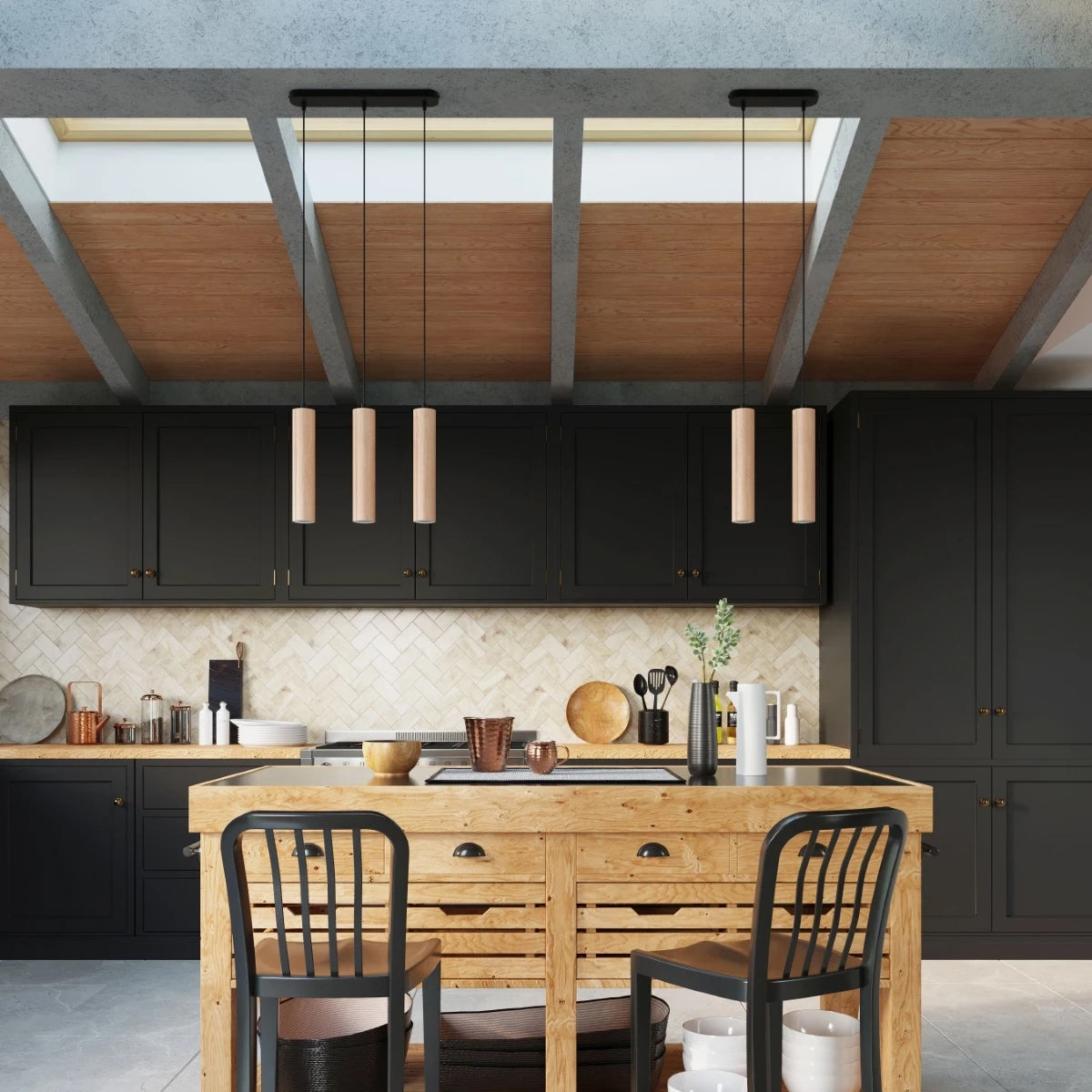 Wooden Pendant Light With Lino 3P Lamps - Peach Puff