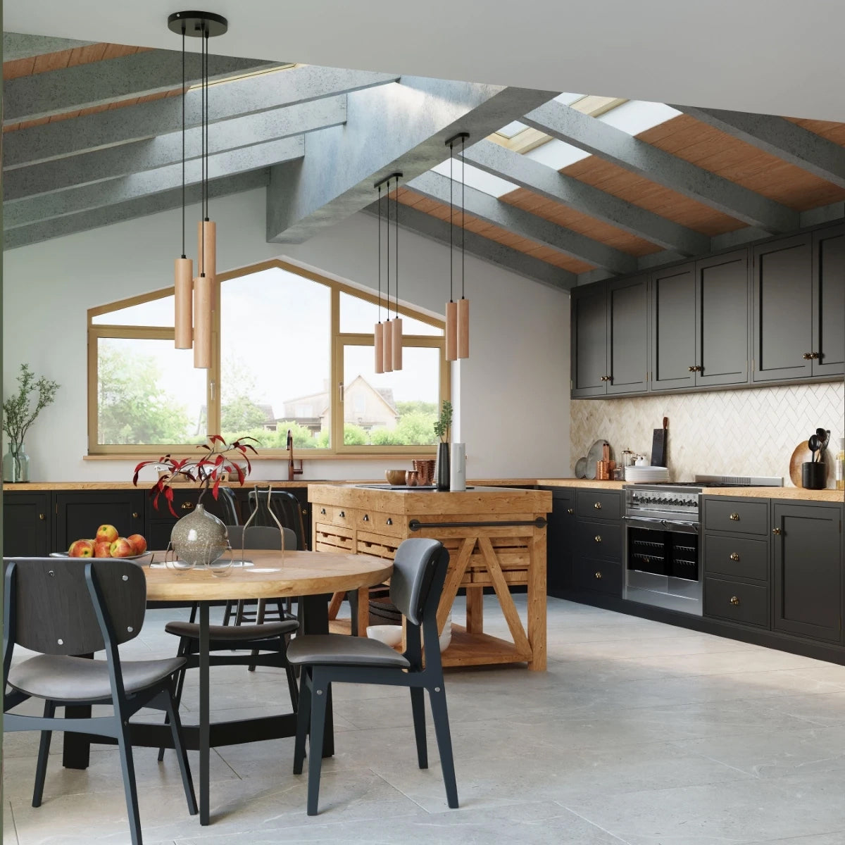 Wooden Pendant Light With Lino 3P Lamps - Peach Puff