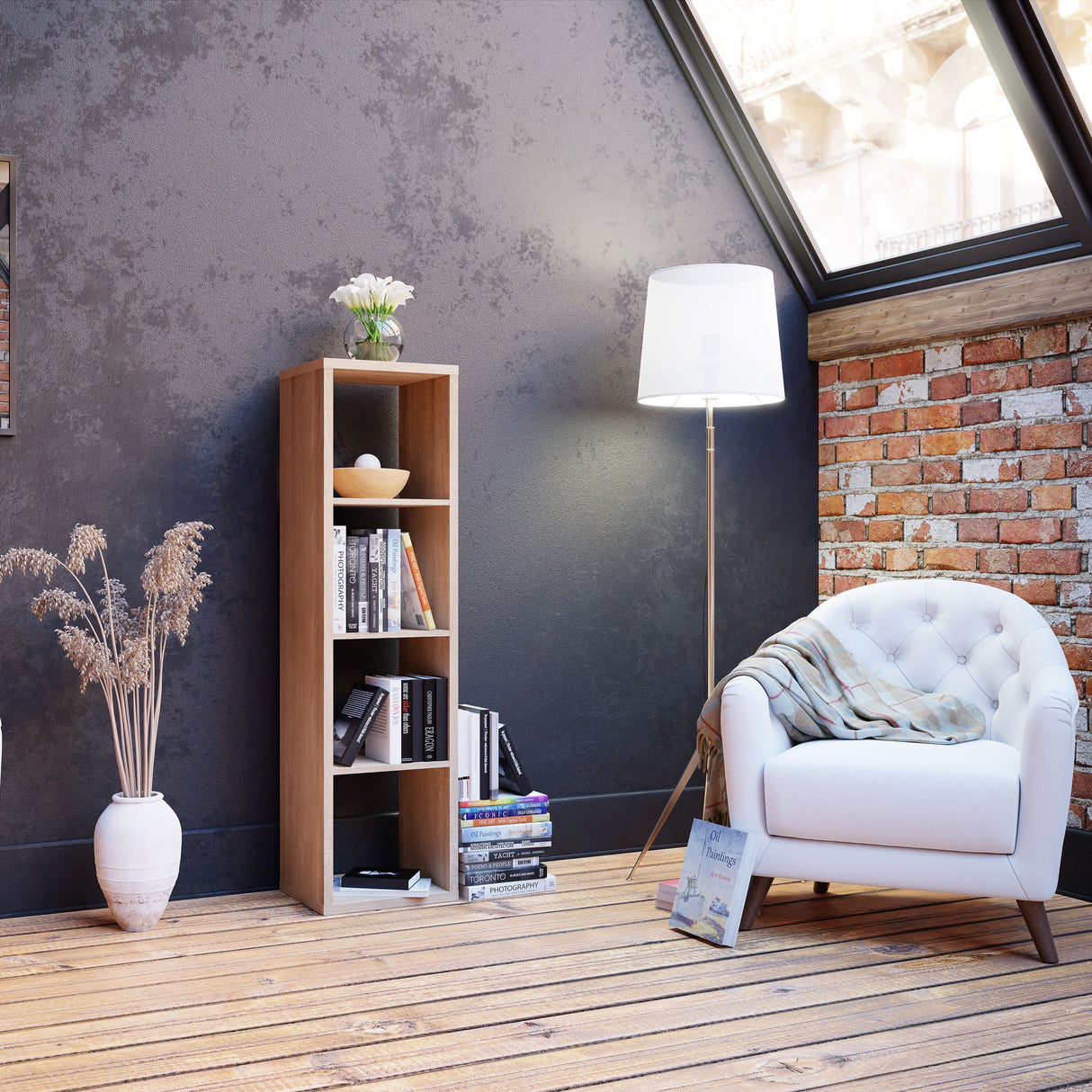 Wooden Shelving Unit Tall With 4 Open Storage Cubes - Mauro