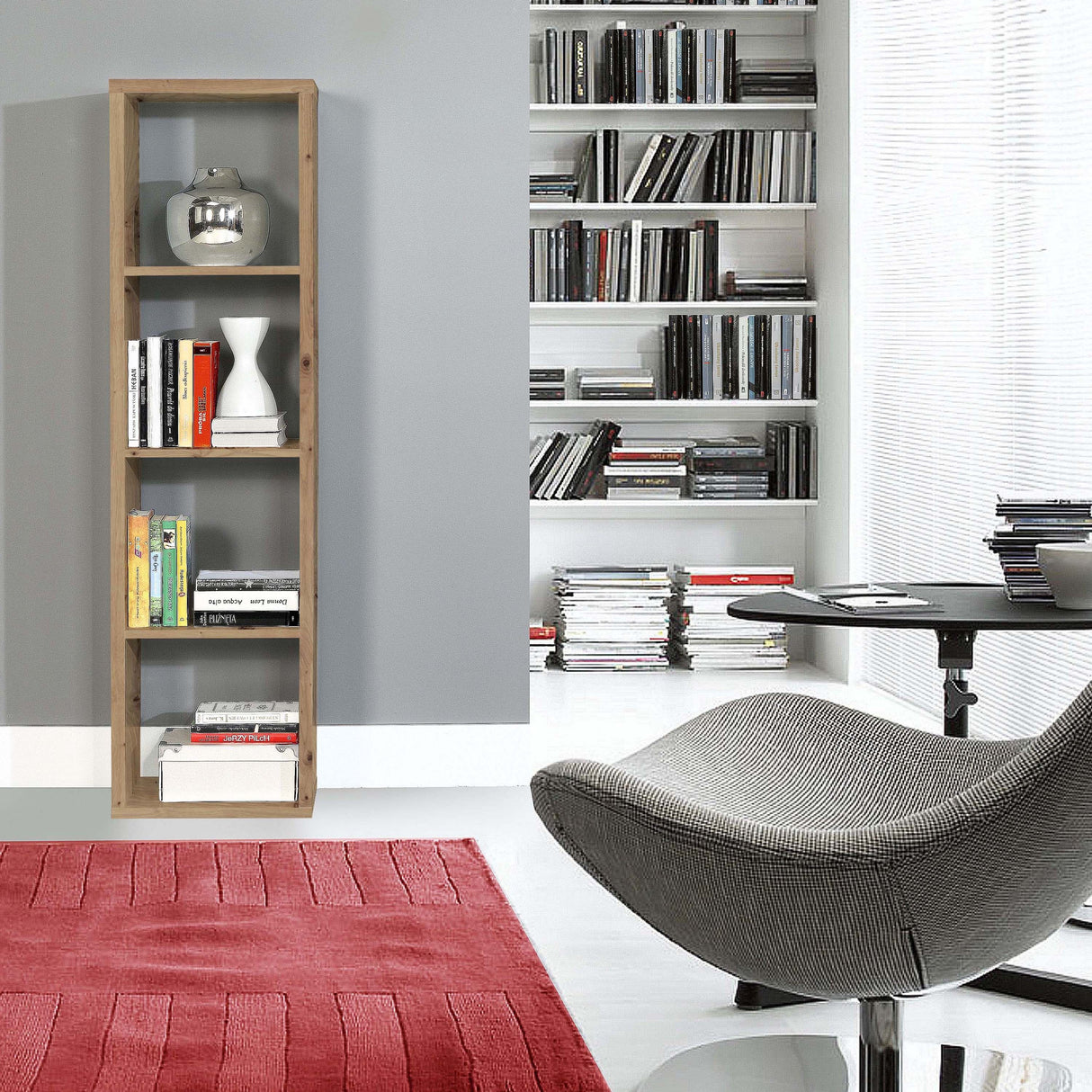 Wooden Shelving Unit Tall With 4 Open Storage Cubes - Mauro