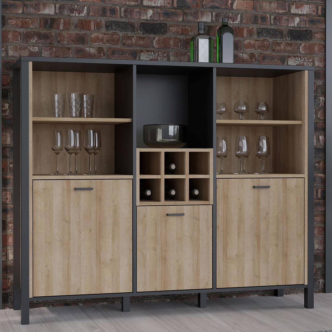 Wooden Shelving Unit Wide With 3 Doors And Wine Rack - High Rock