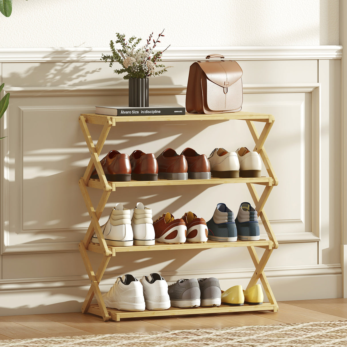 Wooden Shoe Rack 60cm Wide 4 Tier - Velmora