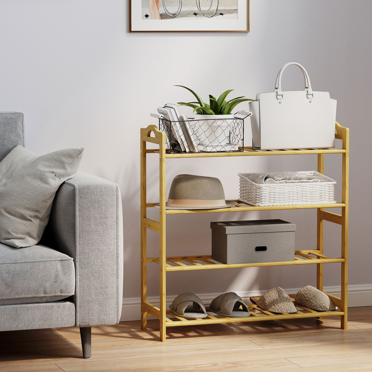 Wooden Shoe Rack 67.5cm Wide 4 Tier - Velmora