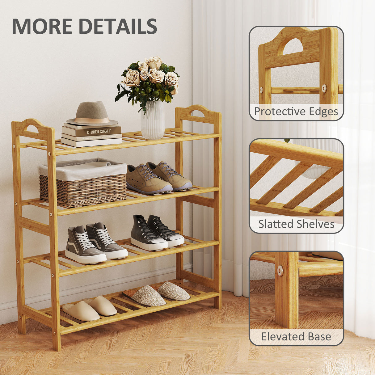 Wooden Shoe Rack 67.5cm Wide 4 Tier - Velmora