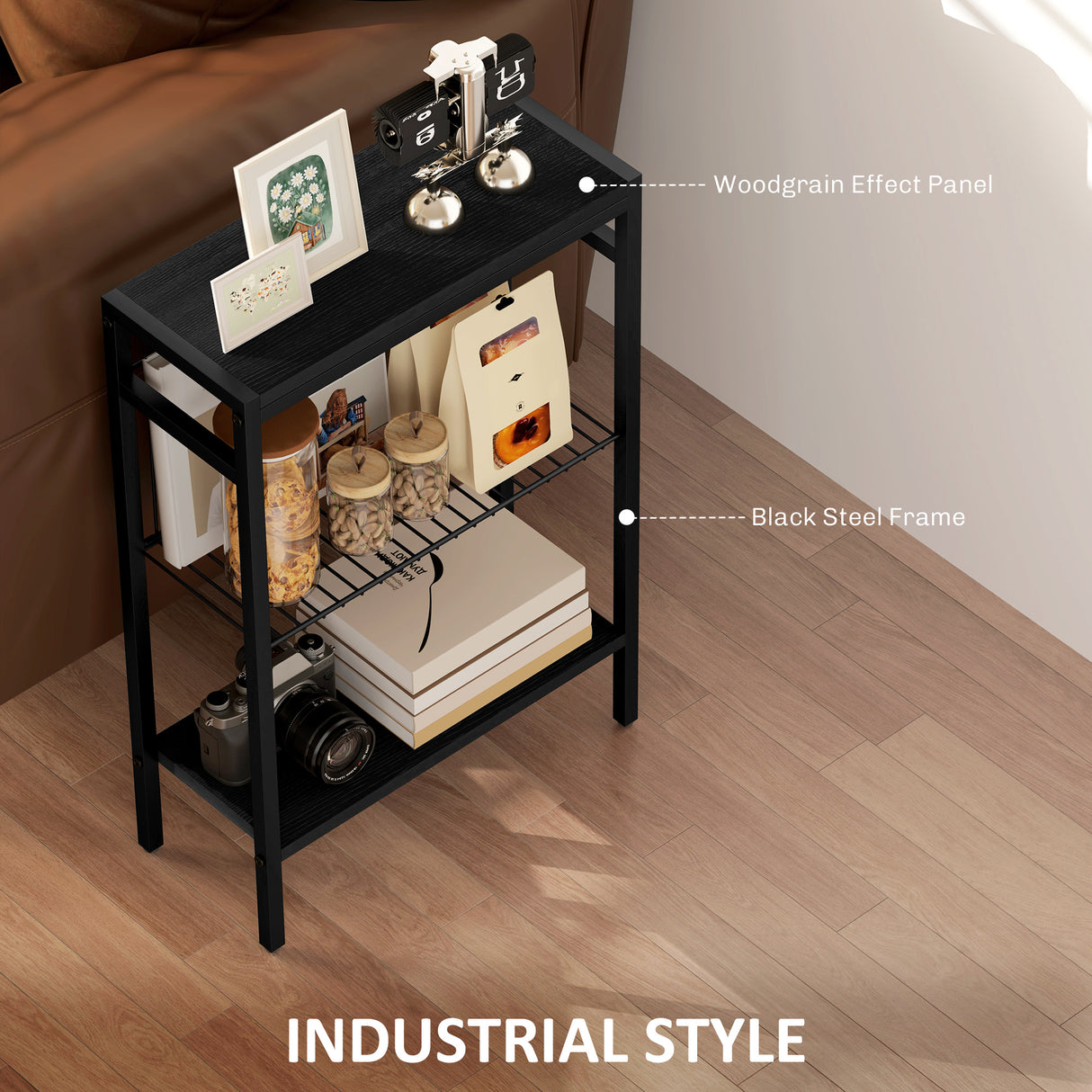 Wooden Side Table 18cm Wide With Steel Frame - Velmora