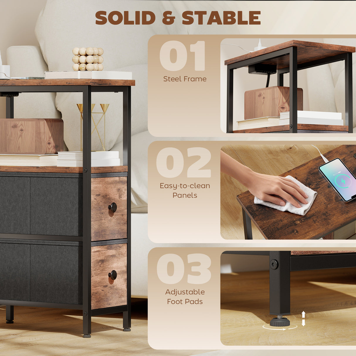 Wooden Side Table 20cm Wide With 2 Drawers With Steel Frame - Velmora