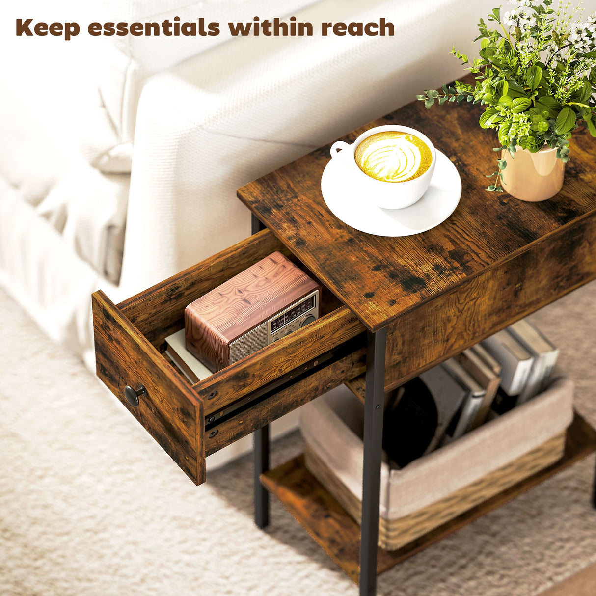 Wooden Side Table 25cm Wide With 1 Drawer And Metal Frame - Velmora