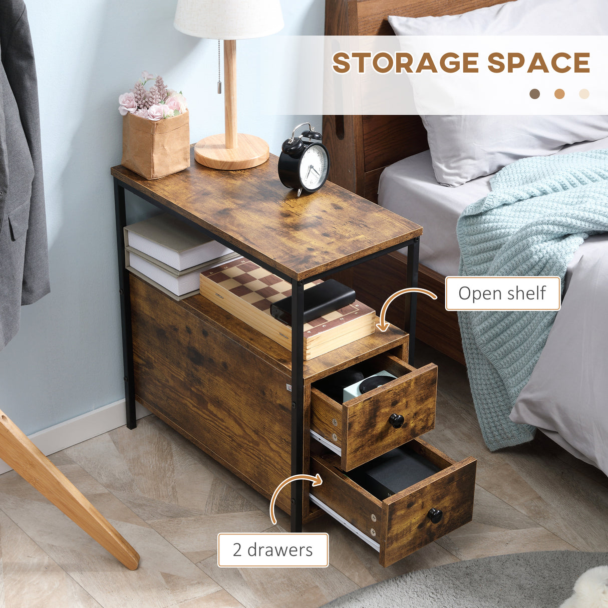 Wooden Side Table 30cm Wide With 2 Drawers And Metal Frame - Velmora