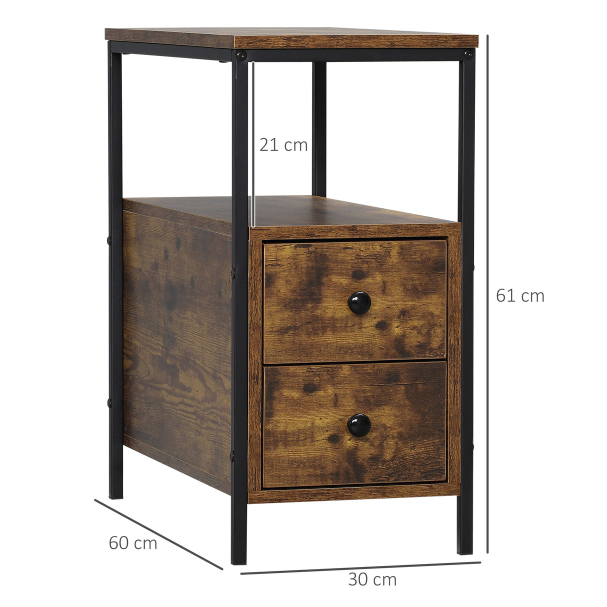 Wooden Side Table 30cm Wide With 2 Drawers And Metal Frame - Velmora