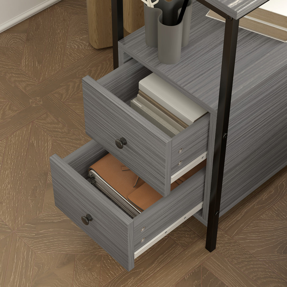 Wooden Side Table 30cm Wide With 2 Drawers And Metal Frame - Velmora