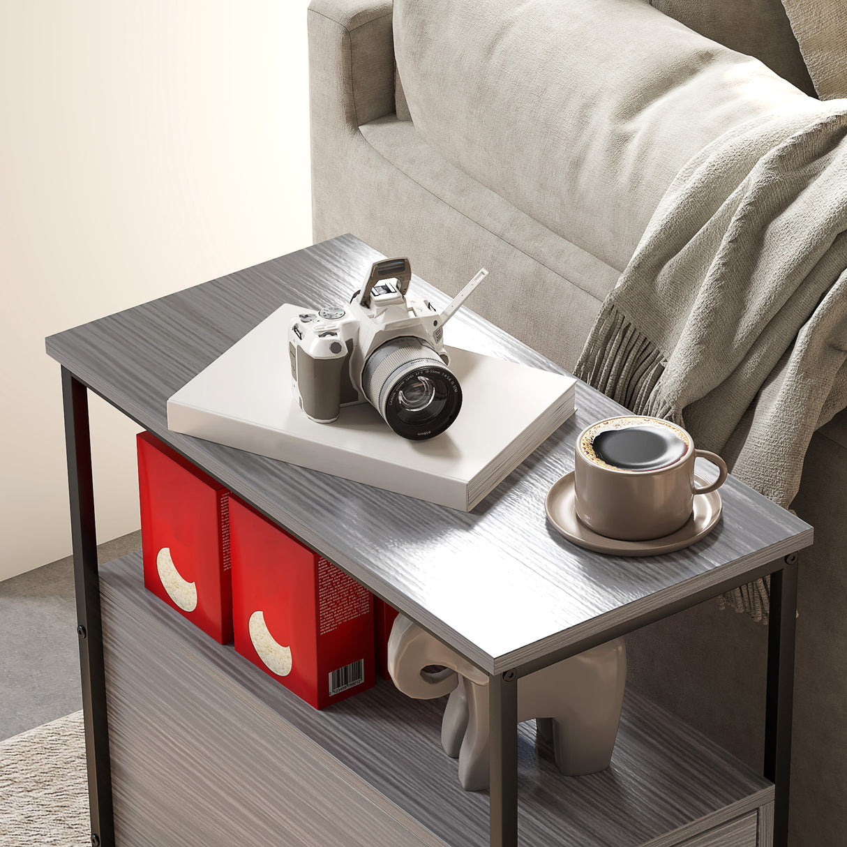 Wooden Side Table 30cm Wide With 2 Drawers And Metal Frame - Velmora