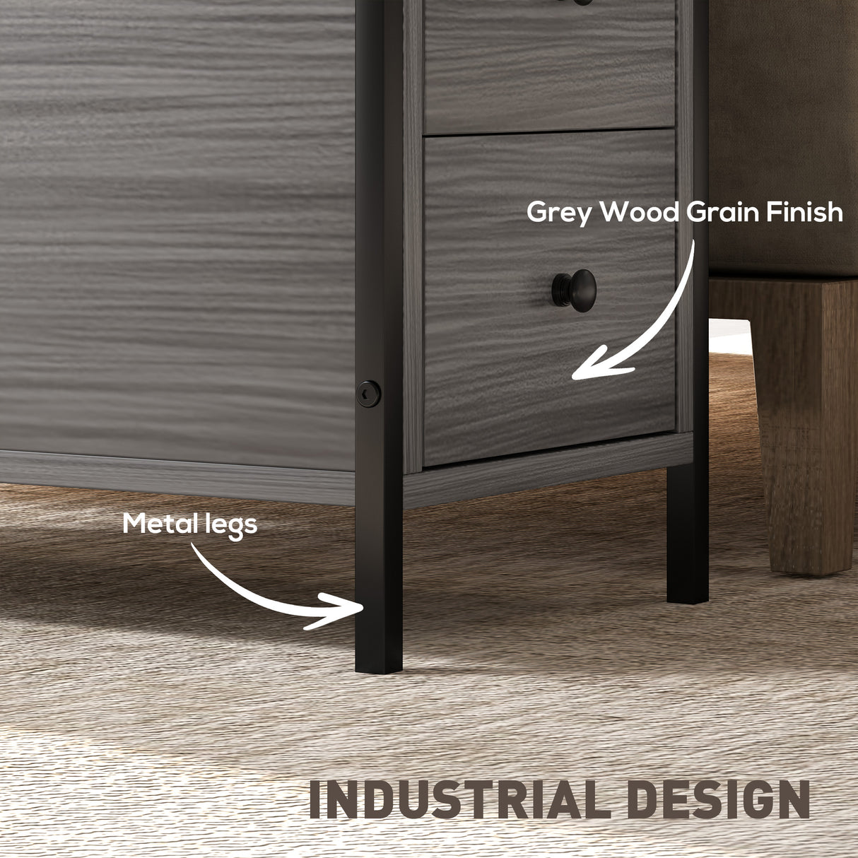 Wooden Side Table 30cm Wide With 2 Drawers And Metal Frame - Velmora