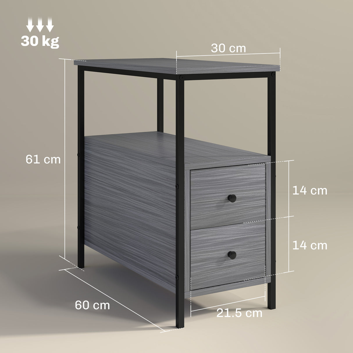 Wooden Side Table 30cm Wide With 2 Drawers And Metal Frame - Velmora