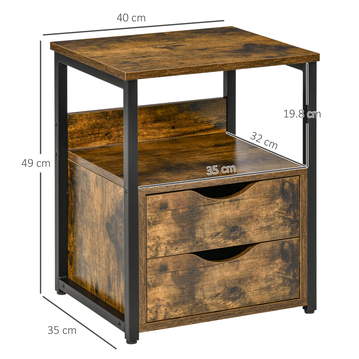 Wooden Side Table 40cm Wide With 2 Drawers And Metal Frame - Velmora