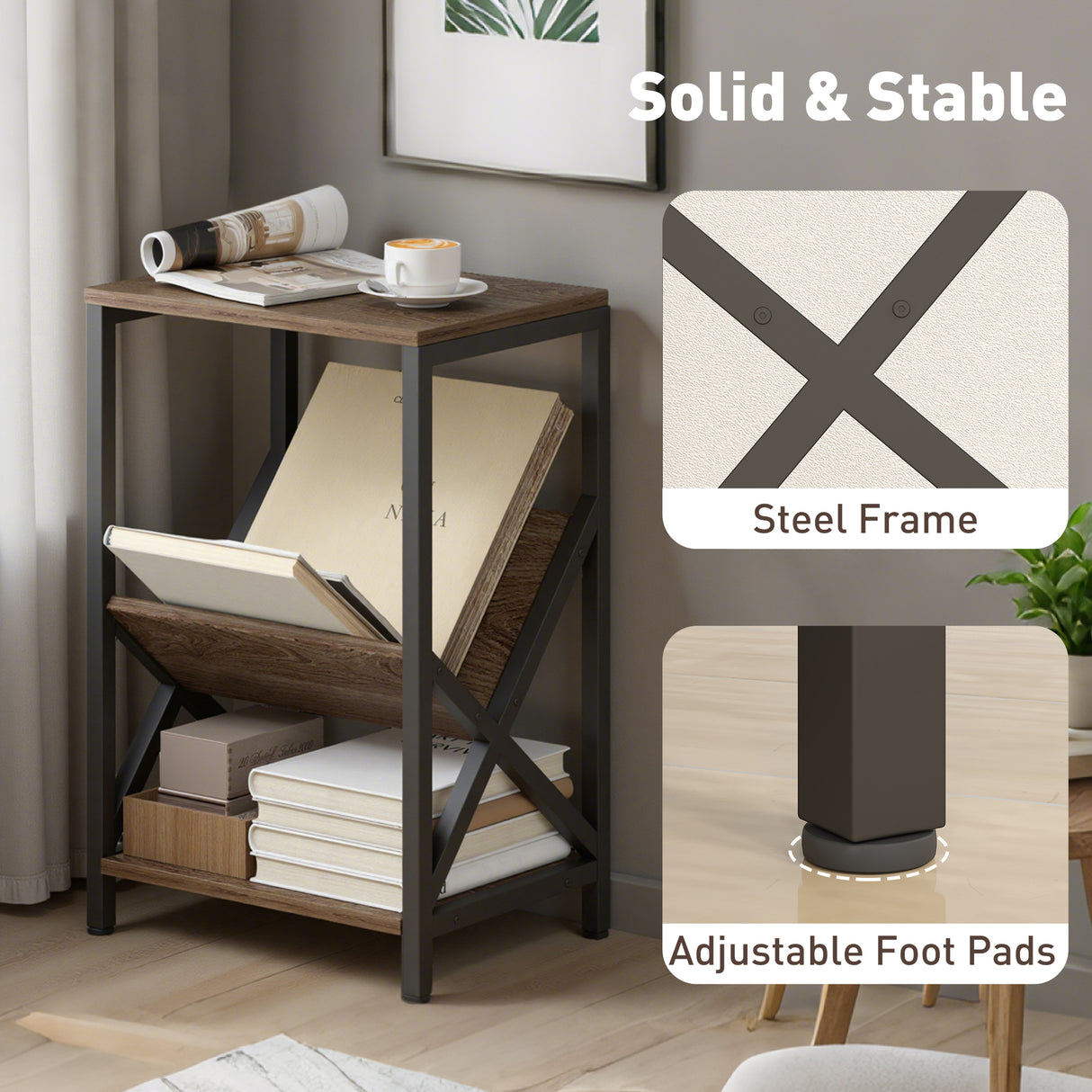 Wooden Side Table 40cm Wide With Magazine Holder - Velmora