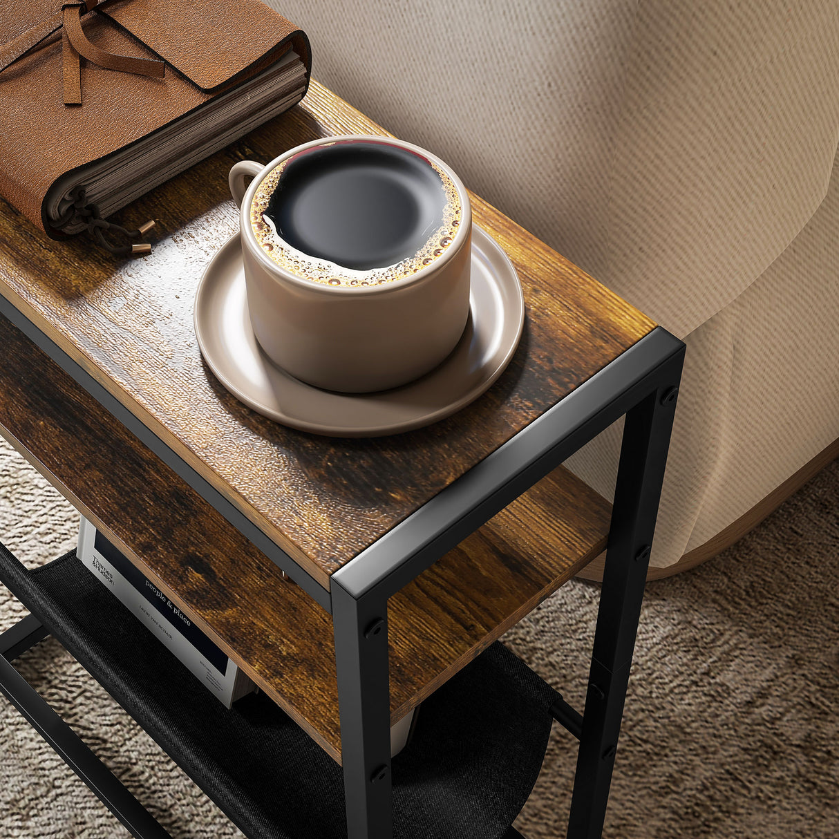 Wooden Side Table 43cm Wide With Steel Frame And Magazine Rack - Velmora