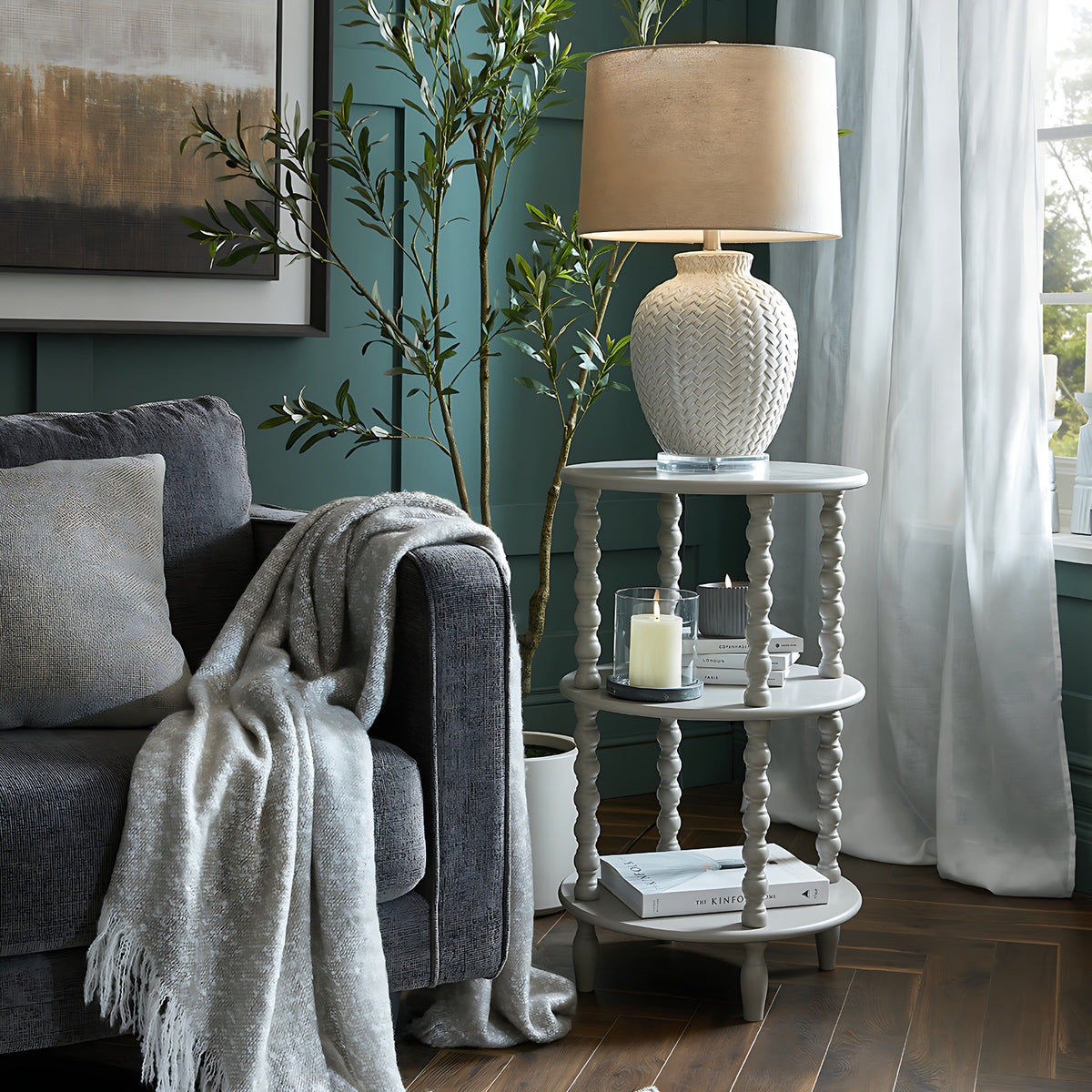 Wooden Side Table 45cm Wide Round With 2 Shelves - Camden