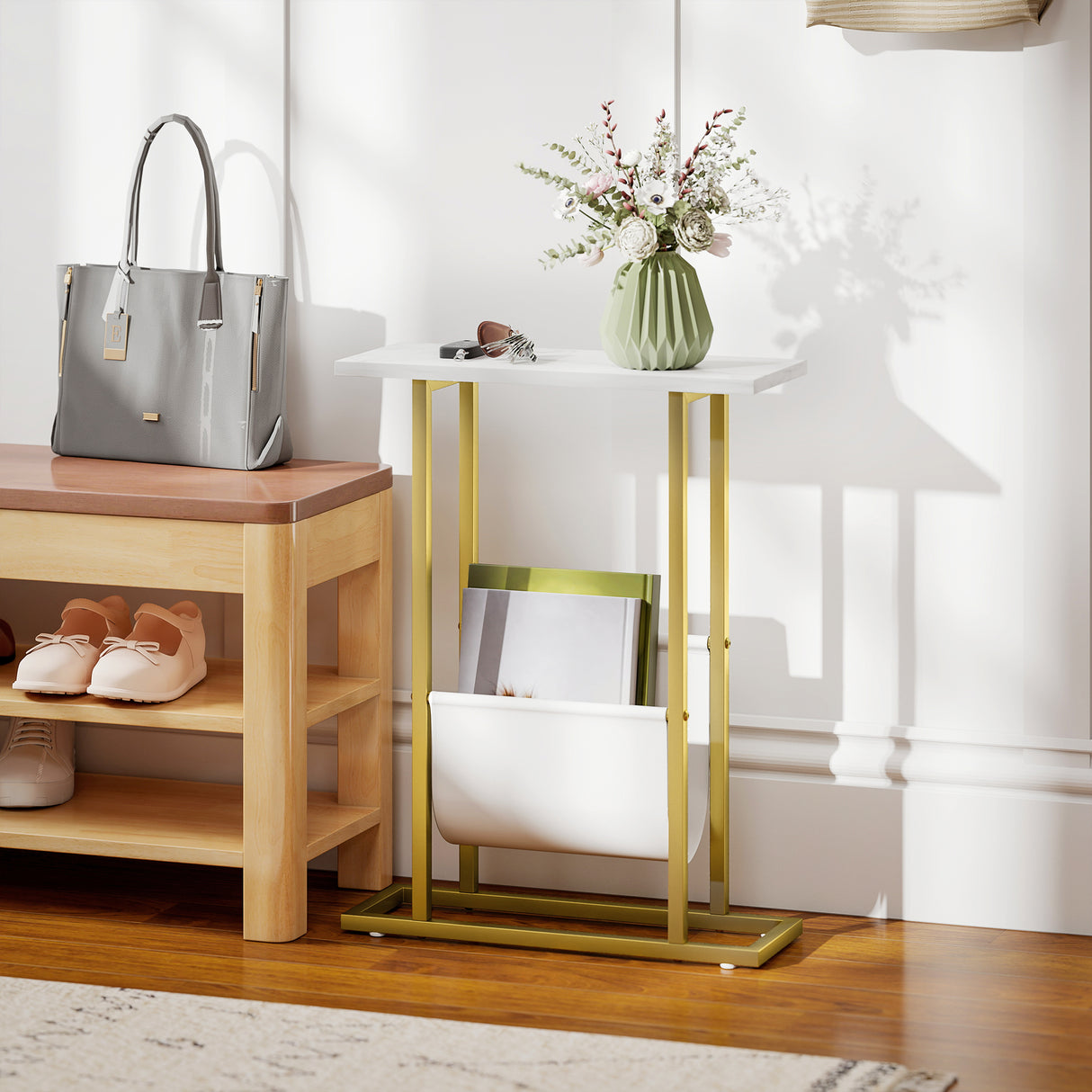 Wooden Side Table 45cm Wide With Gold Steel Frame - Velmora