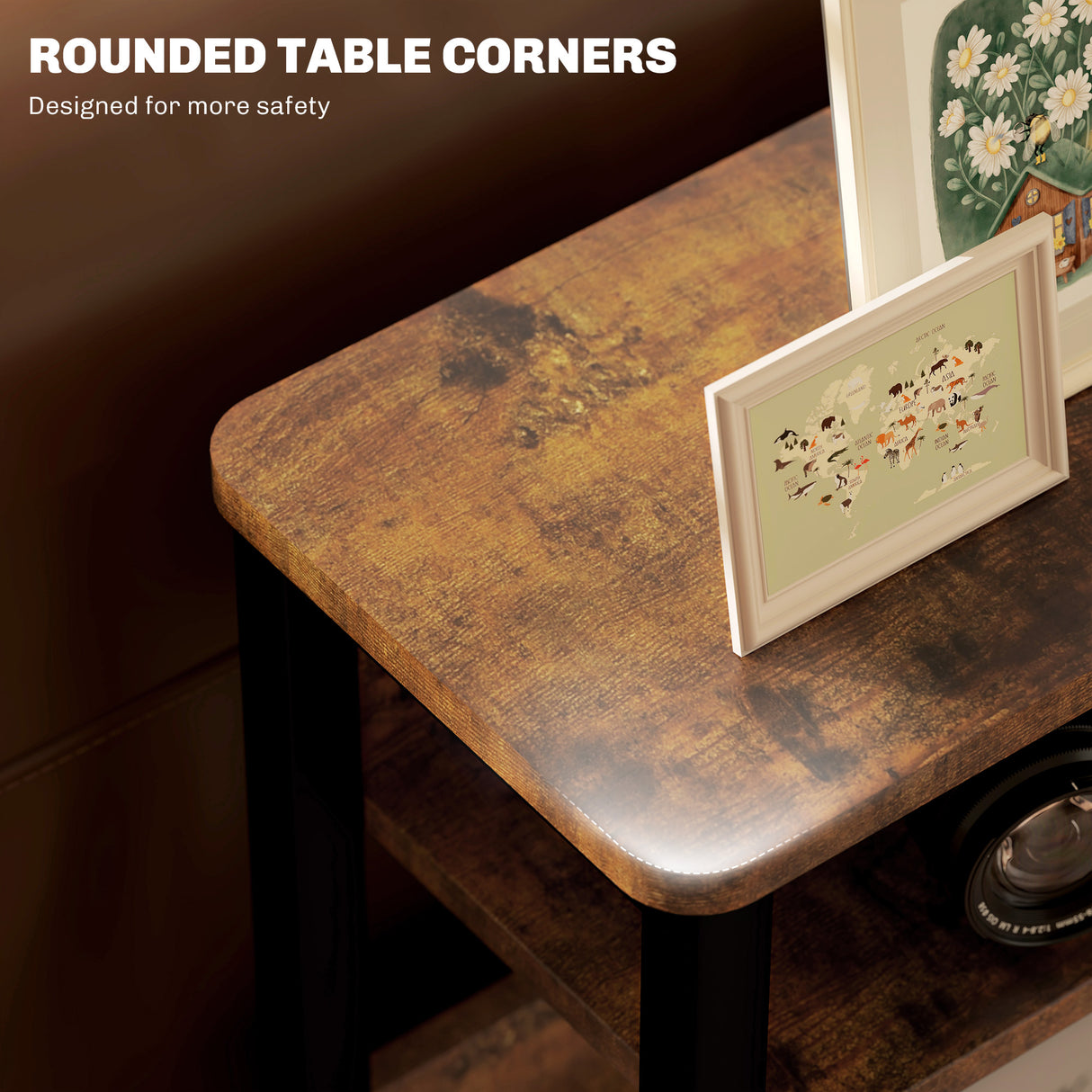Wooden Side Table 46cm Wide With Metal Frame - Velmora