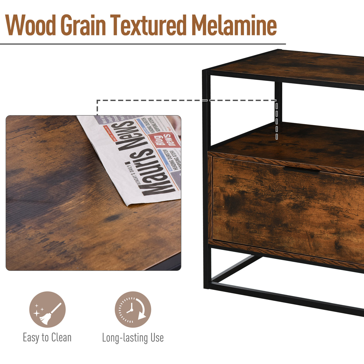 Wooden Side Table 73cm Wide With 1 Drawer And Steel Frame - Velmora