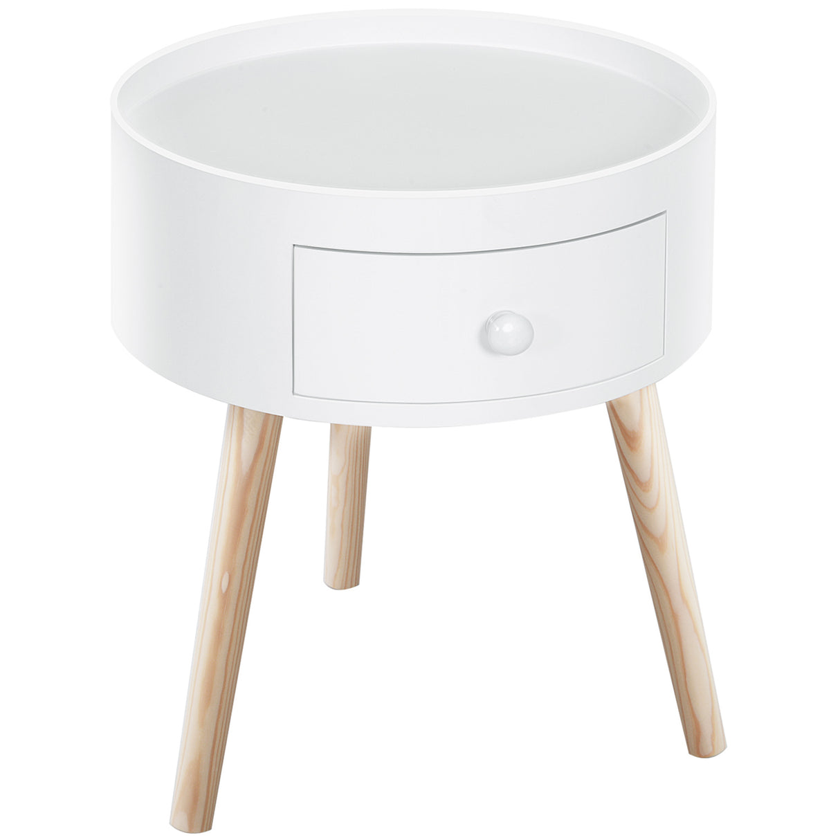 Wooden Side Table Round With 1 Drawer And Natural Legs - Velmora