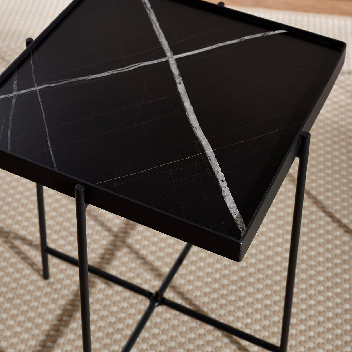 Wooden Side Table Square With Black Metal Legs - Celia