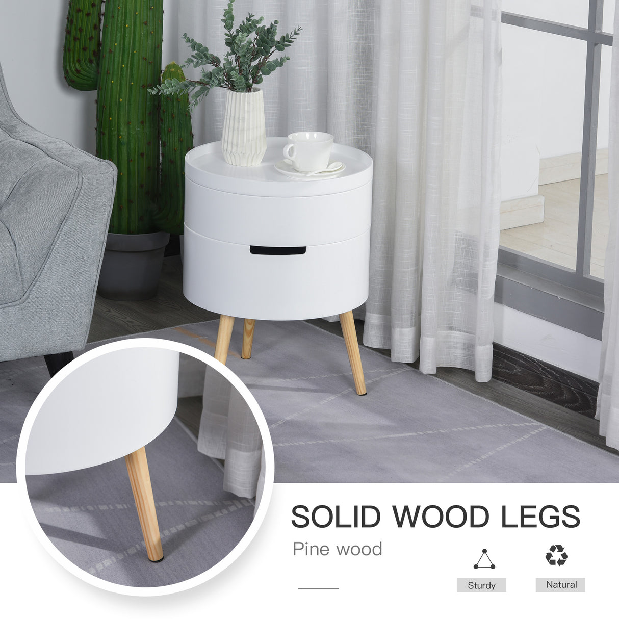 Wooden Side Tables Round in Set of 2 With 2 Hidden Compartments - Velmora