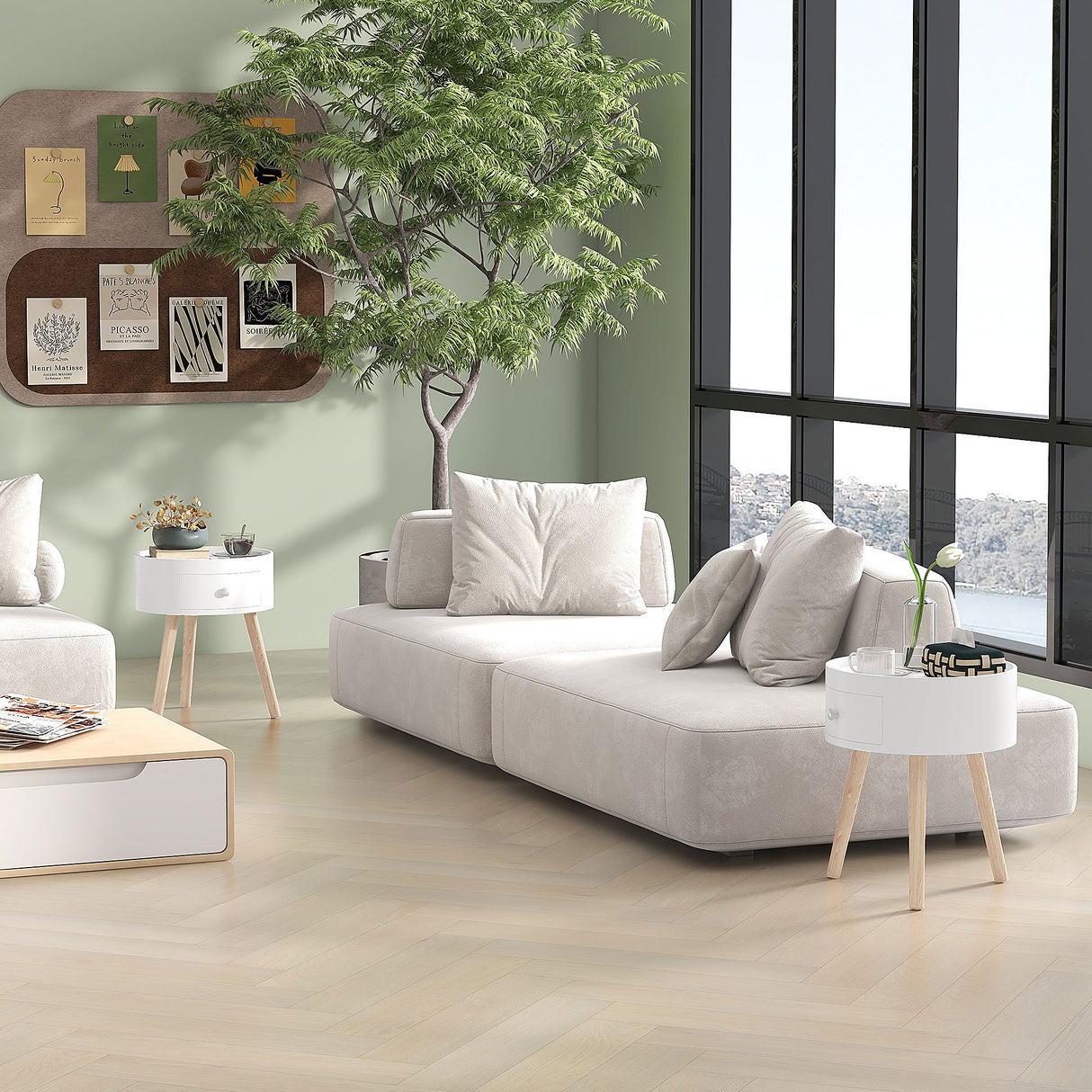 Wooden Side Tables Round in Set of 2 With Drawer And Wooden Legs - Velmora