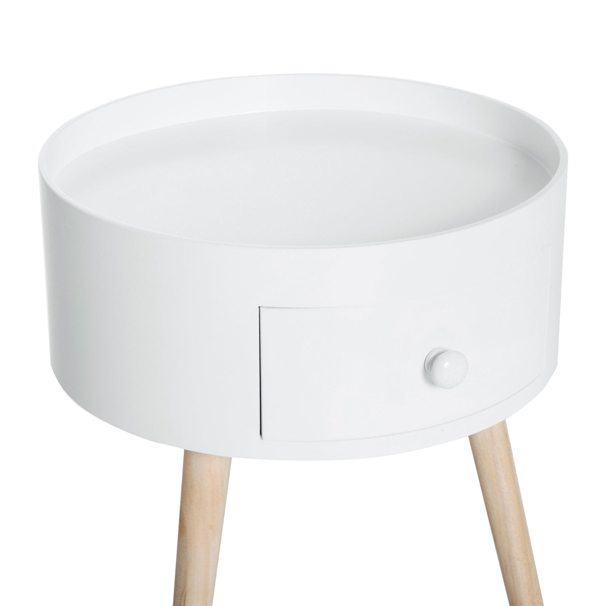 Wooden Side Tables Round in Set of 2 With Drawer And Wooden Legs - Velmora