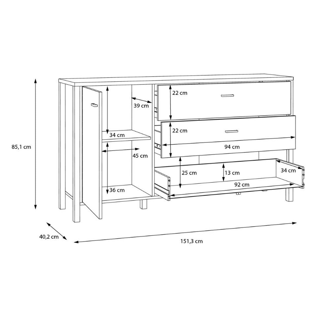 Wooden Sideboard With 1 Door And 3 Drawers - High Rock
