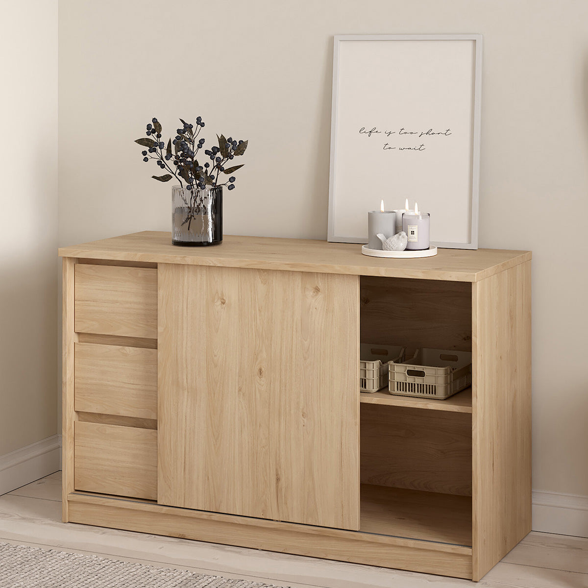 Wooden Sideboard With 1 Sliding Door And 3 Drawers - Naia