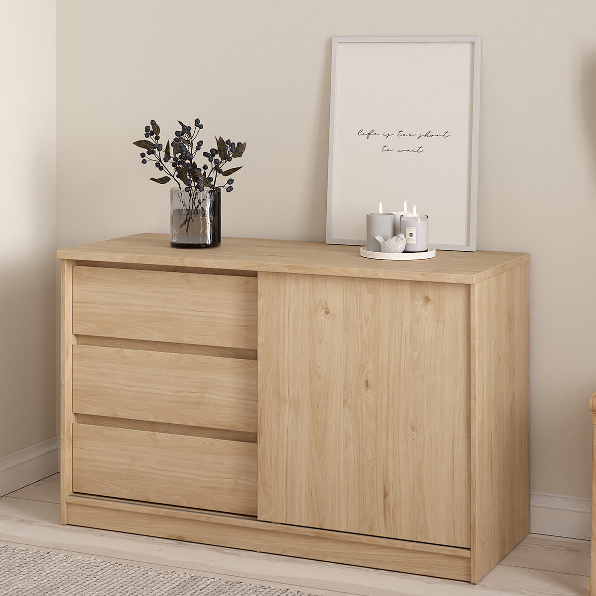 Wooden Sideboard With 1 Sliding Door And 3 Drawers - Naia