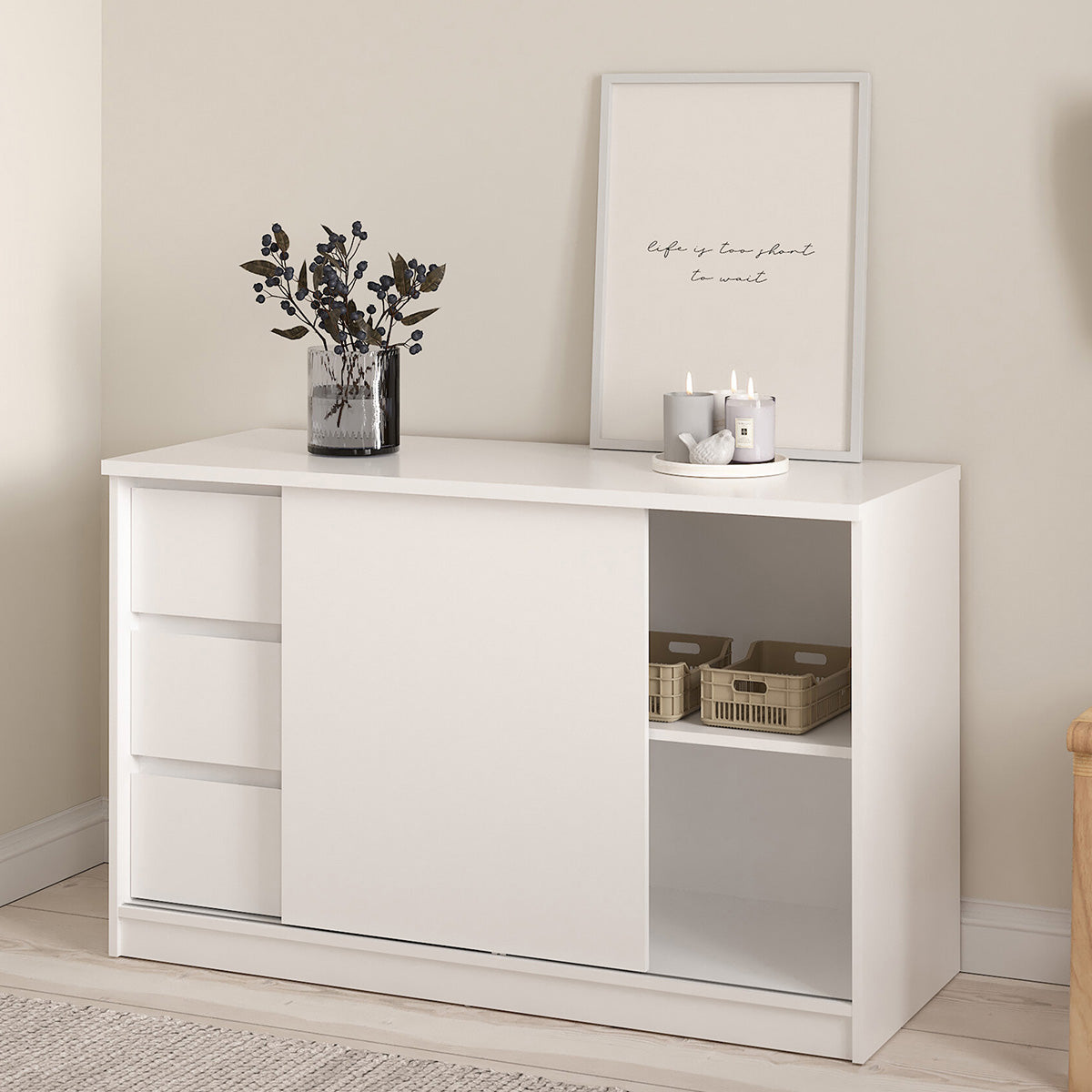 Wooden Sideboard With 1 Sliding Door And 3 Drawers - Naia