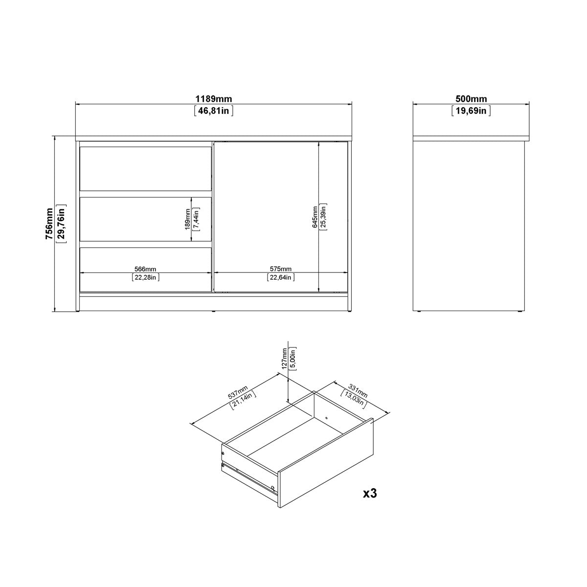 Wooden Sideboard With 1 Sliding Door And 3 Drawers - Naia