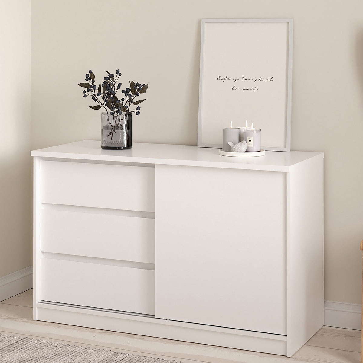 Wooden Sideboard With 1 Sliding Door And 3 Drawers - Naia