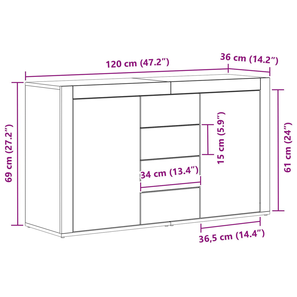 Wooden Sideboard 120cm Wide With 2 Doors 4 Drawers - Vantage Home